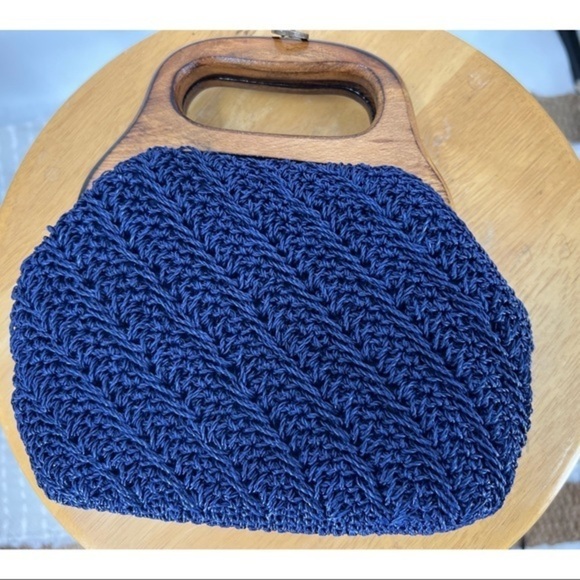 Vintage Japan boHo granny cottage core navy blue woven straw wood handle purse - Picture 7 of 11